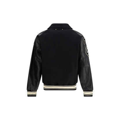Golden Goose Black Fleece Wool Bomber with leather sleeves, back view showing contrast white patches, oversized fit, SS26 collection.