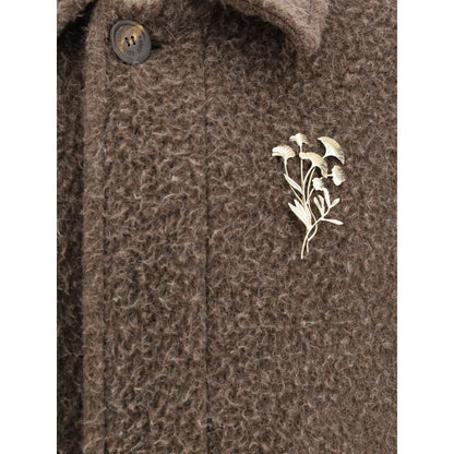Golden Goose Brown Viscose Coat with decorative bronze floral pin on chest, showcasing button closure in wrinkle-effect wool blend.