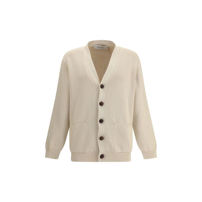 Golden Goose Cream Cotton Cardigan with button closure, patch pockets, ribbed cuffs, and hem, featuring back logo applique.