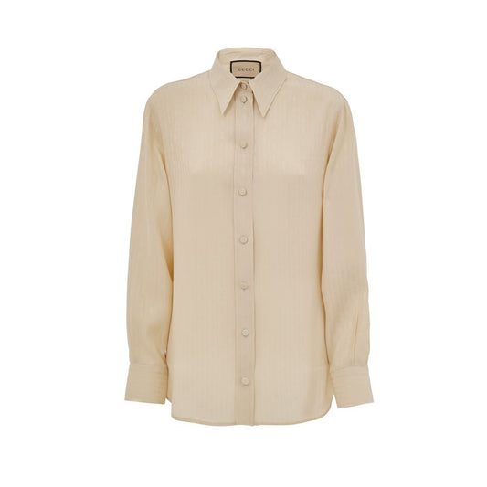 Gucci Beige Silk Shirt with horsebit print, classic collar, tone-on-tone stripes, and fabric-covered buttons. 100% Silk composition.