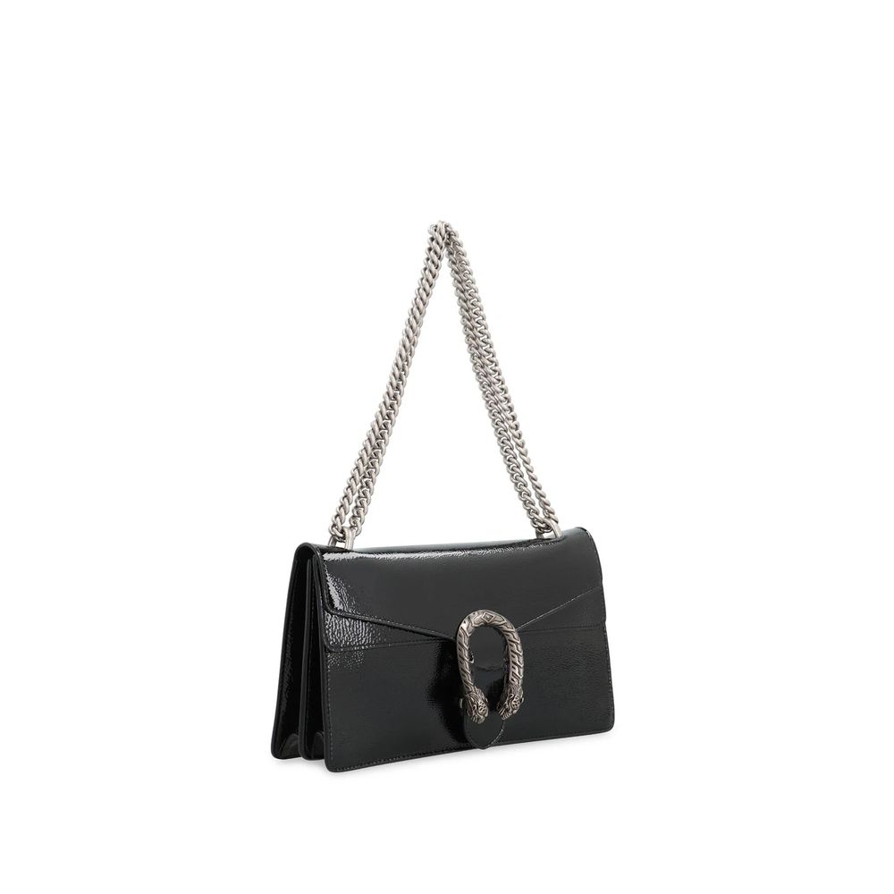 Gucci Black Calfskin Crossbody Bag with patent effect, sliding chain strap, and antique silver-tone hardware, luxury women's leather bag.