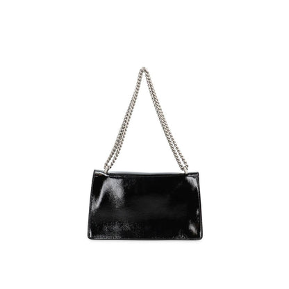 Gucci Black Calfskin Crossbody Bag with sliding chain strap and antique silver-tone hardware, shown with patent leather finish. Made in Italy.