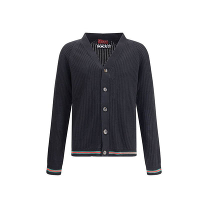 Gucci Black Cotton Cardigan with V-neck, button closure, raglan sleeves, ribbed cuffs, designed for comfort and elegance, AW25 collection.