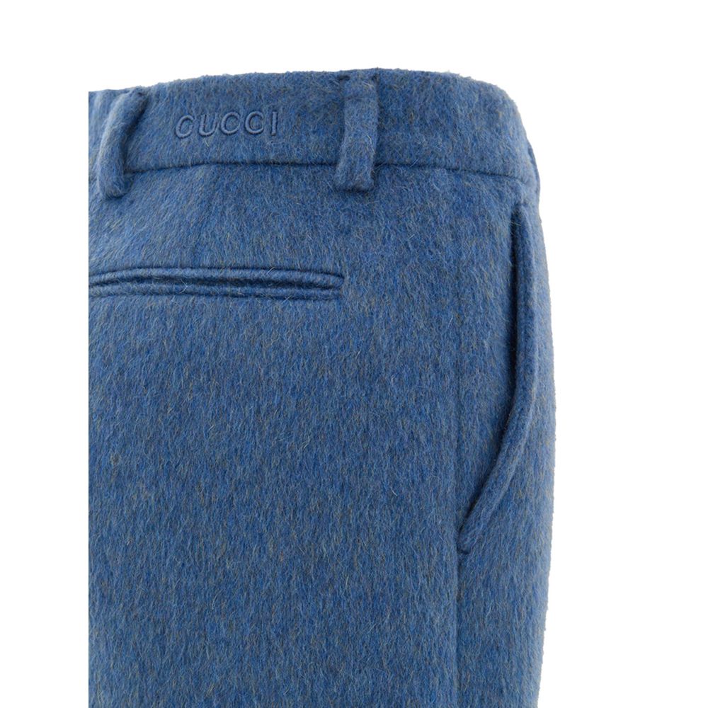 Gucci Blue Wool Short with side welt pockets and embroidered logo, features mixed mohair fabric in blue avio color.