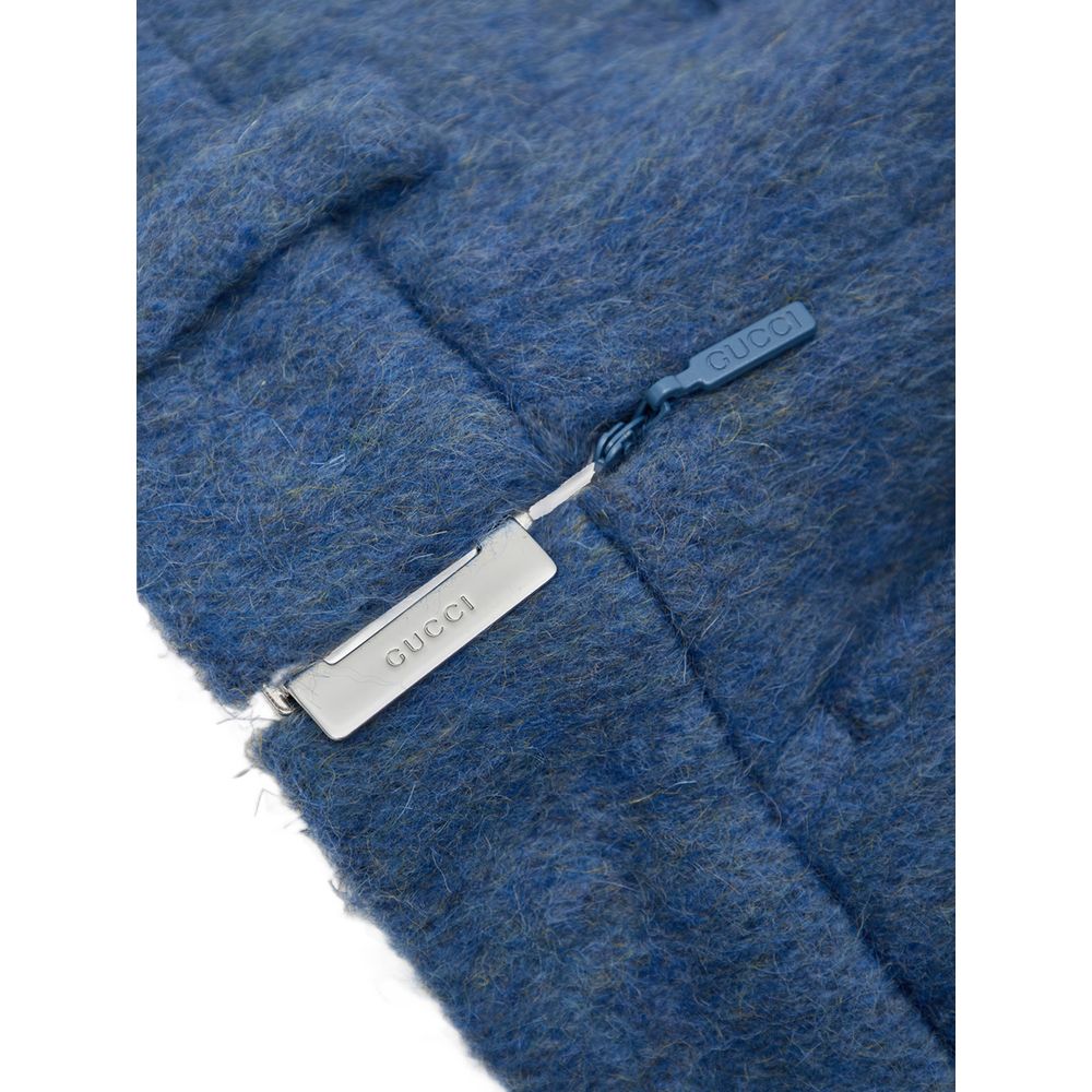 Close-up of Gucci Blue Wool Short showing side zip and logo detailing.