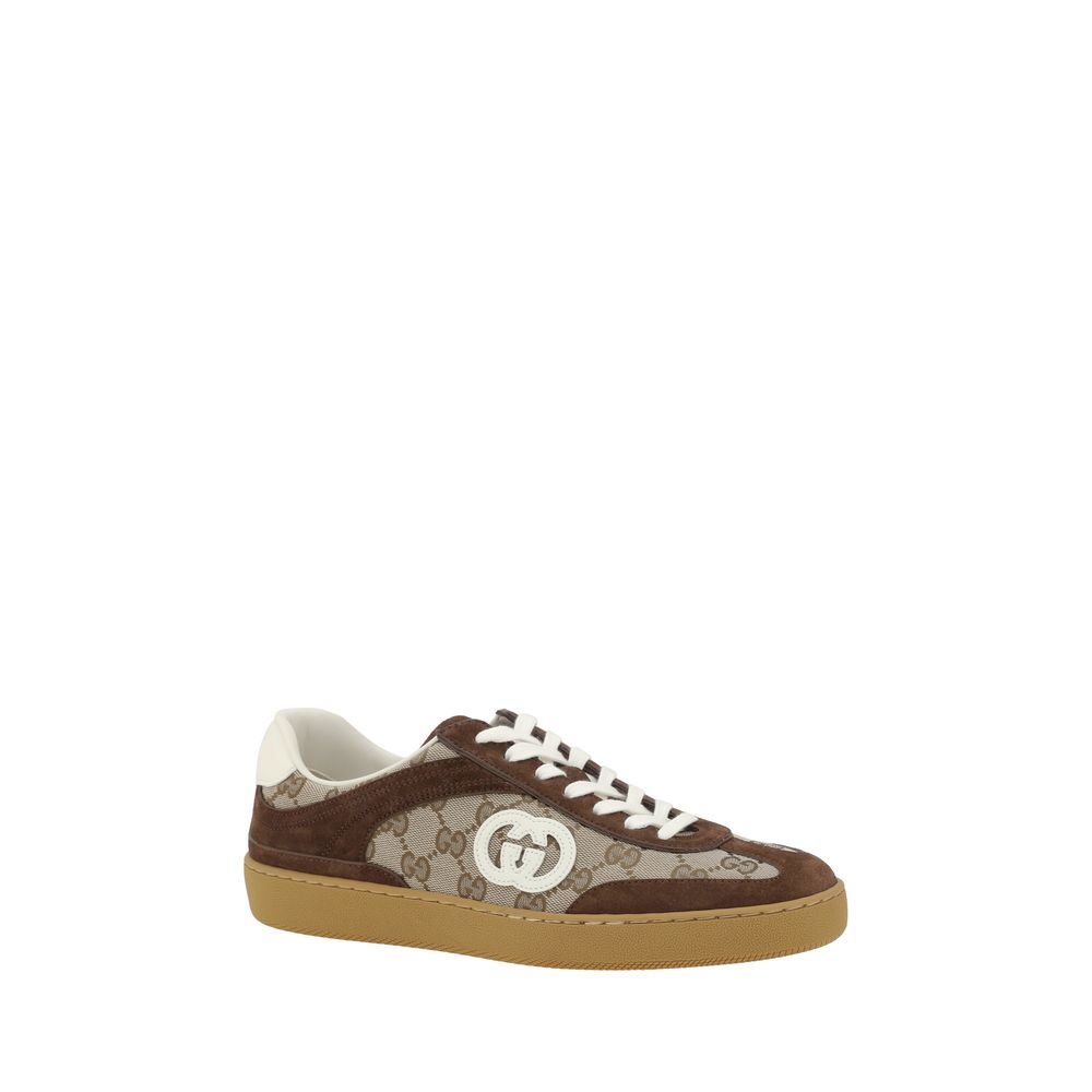 Gucci Brown Calf Leather Bos Taurus Low Top Sneakers with suede details, GG fabric, lace-up closure, and round toe design.