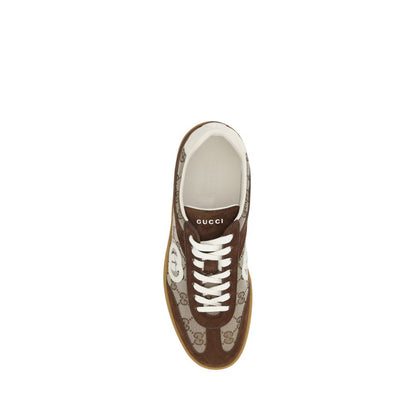 Top view of Gucci Brown Calf Leather Bos Taurus Low Top Sneakers with suede details and GG logo fabric.