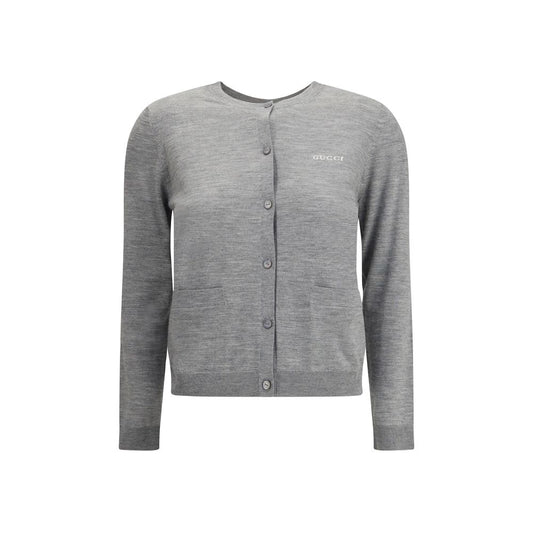 Gucci Gray Cashmere Cardigan with ribbed crew neck, front button closure, and patch pockets for AW25 season.