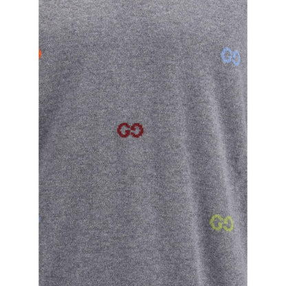 Gucci Gray Cashmere Sweatshirt with multicolor jacquard logo, showcasing soft wool fabric and ribbed design for AW25 season.