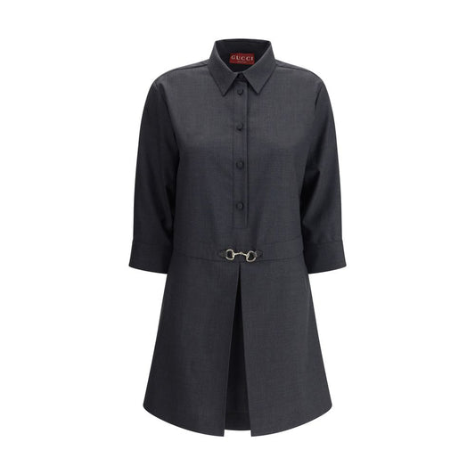 Gucci Gray Wool Casual Dress with buttoned front, classic collar, and horsebit detail showcasing elegant summer fashion.