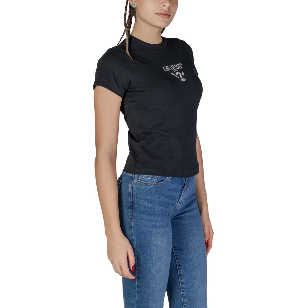 Woman wearing Guess Active Black Cotton T-Shirt with logo, short sleeves, casual fit