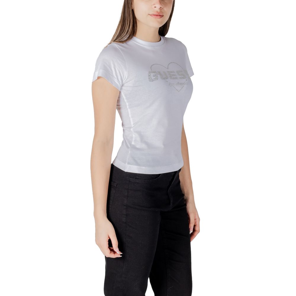 Woman wearing Guess Active White Cotton T-Shirt with Guess logo, stylish and comfortable fit, perfect for casual occasions.