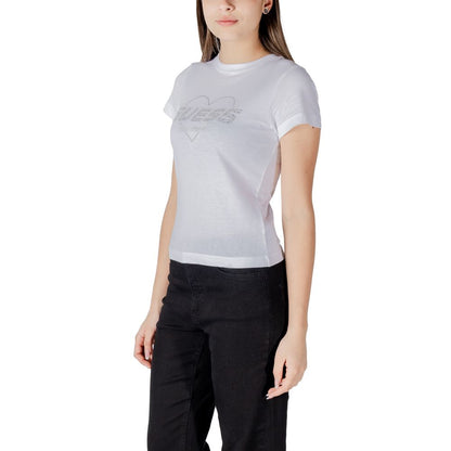 Woman wearing Guess Active White Cotton T-Shirt with Guess logo, styled casually with black pants.