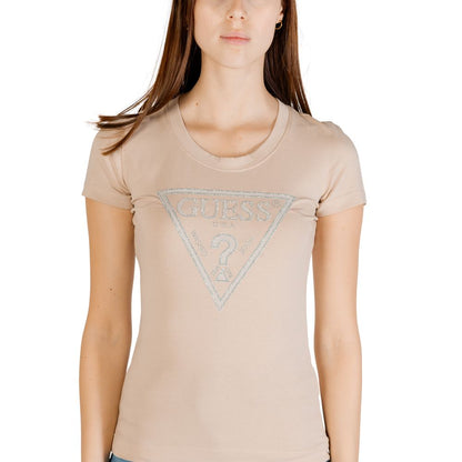 Woman wearing Guess Beige Cotton T-Shirt with shiny triangle logo and short sleeves.