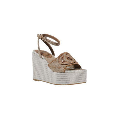 Guess Beige Polyester High Heel Pumps with wedge heel and ankle strap featuring Guess logo.