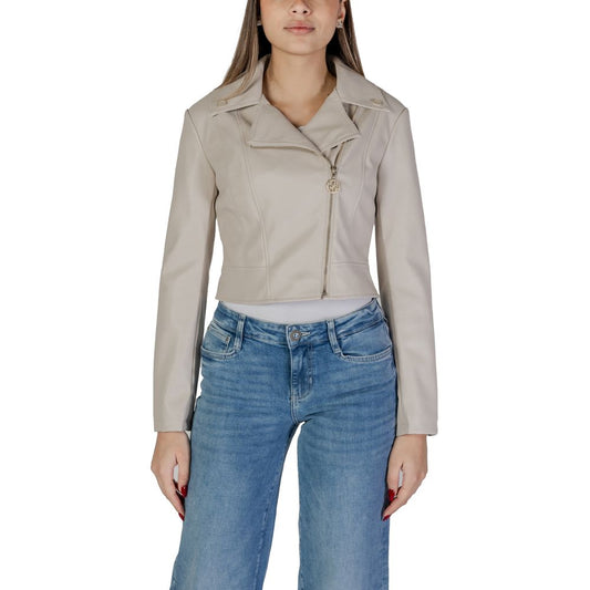 Front view of a Guess Beige Polyethylene Biker Jacket with wide collar and asymmetric zip closure, worn by model in jeans.