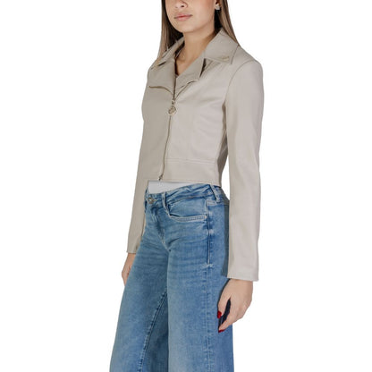 Guess Beige Polyethylene Biker Jacket with cropped cut and wide collar displayed on model wearing jeans.
