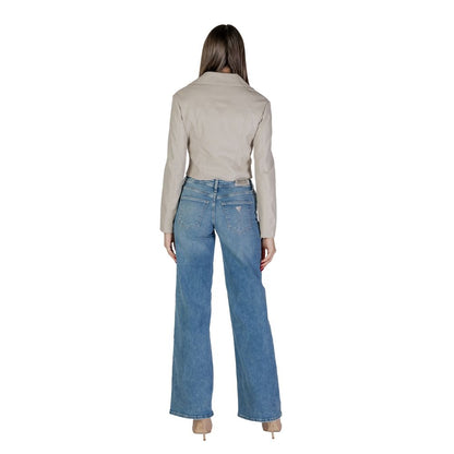 Back view of model wearing Guess Beige Polyethylene Biker Jacket with jeans