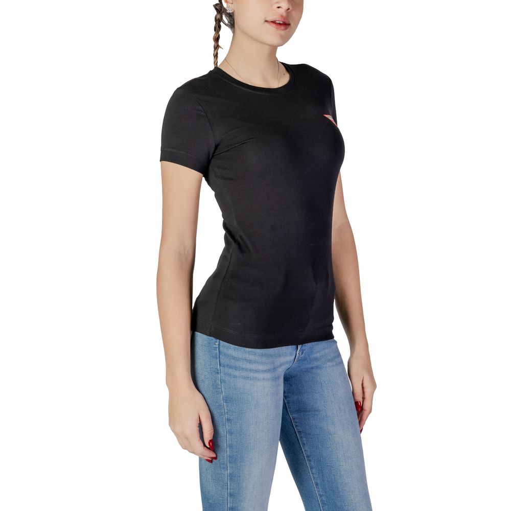 Guess Black Cotton T-Shirt, women's short-sleeved top with embroidered mini triangle logo, comfortable cotton blend for flattering fit.