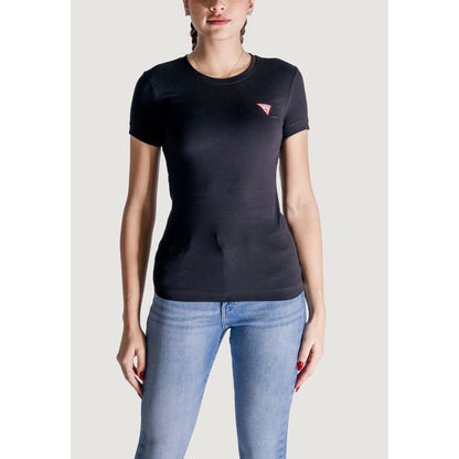 Guess Black Cotton T-Shirt with mini triangle logo embroidered on chest worn by a model
