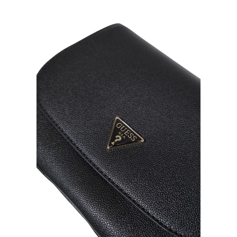 Close-up of Guess Black Polyethylene Handbag with Guess logo emblem.