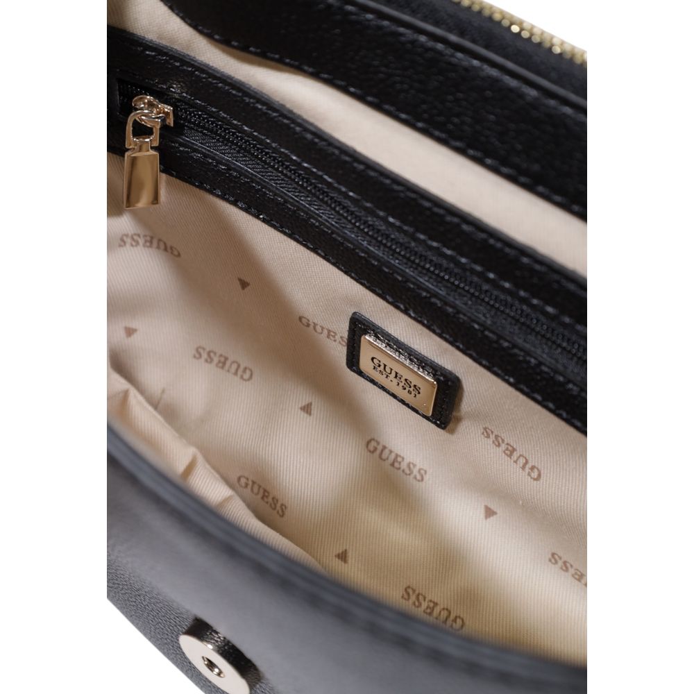 Interior view of Guess Black Polyethylene Handbag showing branded lining and zippered pocket with metallic details.