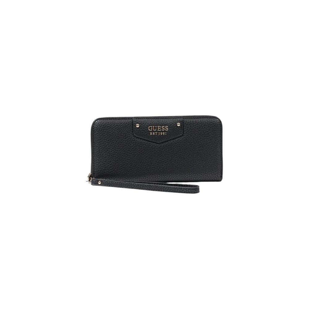 Guess Black Polyethylene Wallet with zip-around closure and metal logo, featuring a pebbled leather-effect texture for modern elegance.