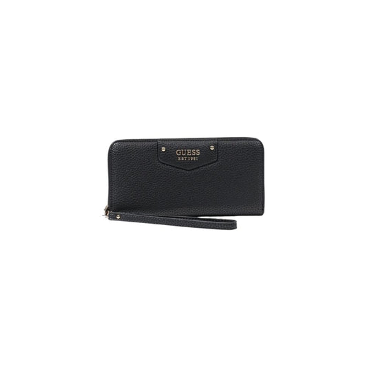 Guess Black Polyethylene Wallet with zip-around closure and metal logo, featuring a pebbled leather-effect texture for modern elegance.