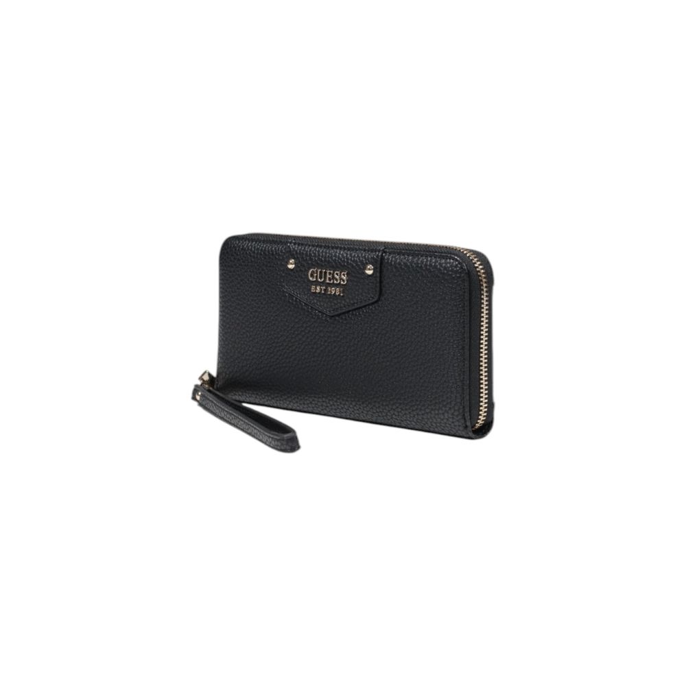 Guess Black Polyethylene Wallet with pebbled texture and zip-around closure, featuring Guess metal logo, elegant and practical design.