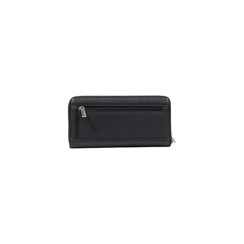 Guess Black Polyethylene Wallet with pebbled texture, zip-around closure, and metal logo, showcasing elegance and practicality.