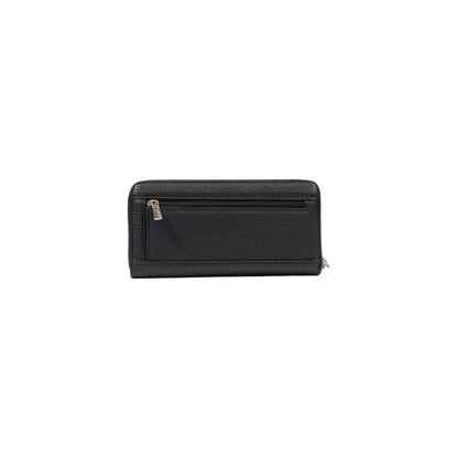 Guess Black Polyethylene Wallet with pebbled texture, zip-around closure, and metal logo, showcasing elegance and practicality.