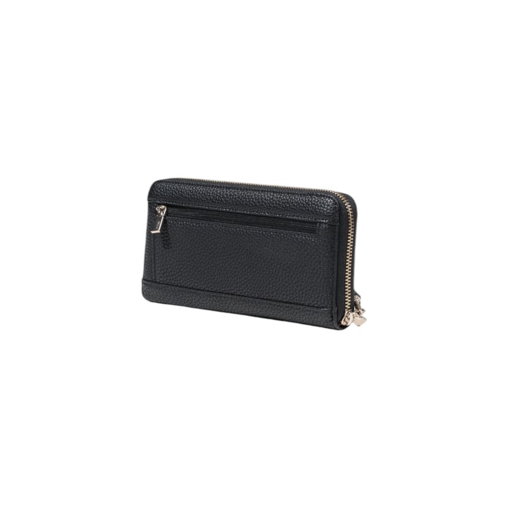 Guess Black Polyethylene Wallet with zip-around closure and pebbled leather-effect texture, featuring Guess metal logo, elegant and practical.