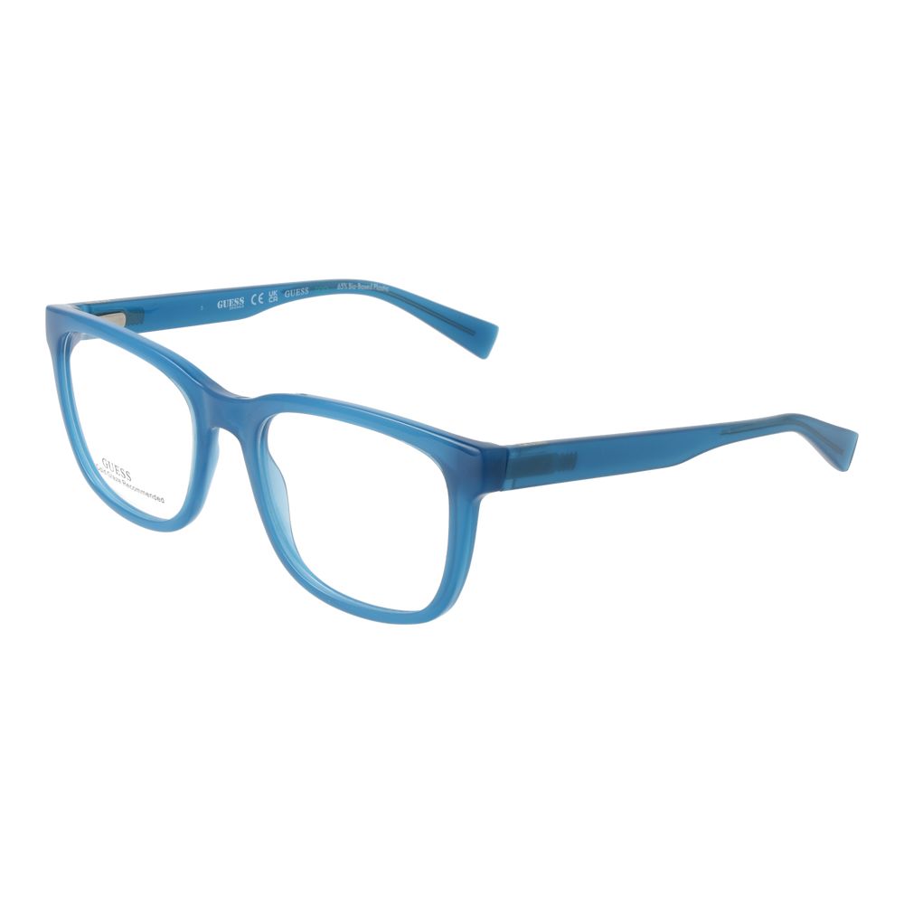Guess Blue Women Glasses Frame, full-rim square style in blue plastic, demo lenses, spring hinge, includes branded case, size 53-19-145.