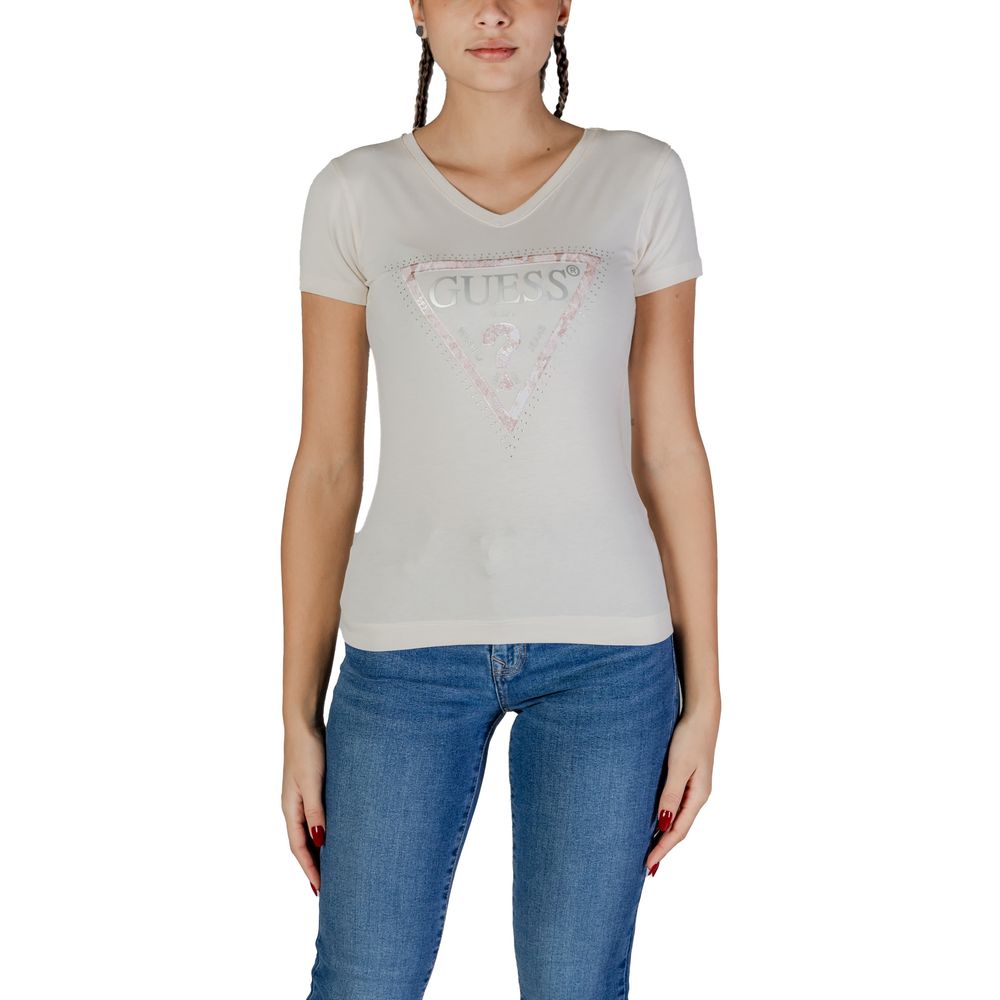 Guess Cream Cotton T-Shirt with V-neck design and short sleeves worn by model, highlighting the versatile and flattering fit for casual outfits.