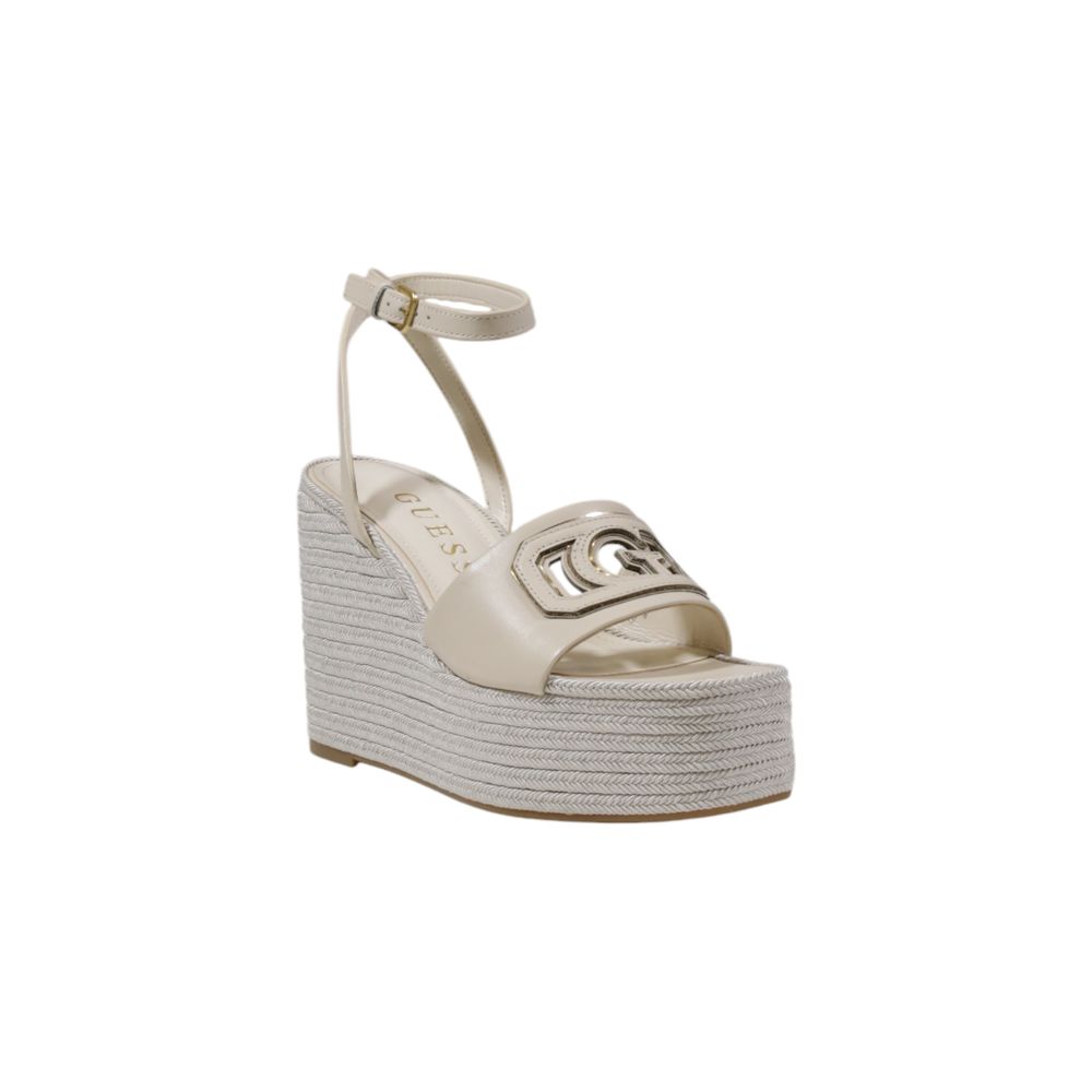 Guess Cream Synthetic High Heel Pumps with woven wedge and adjustable ankle strap featuring Guess logo embellishment.