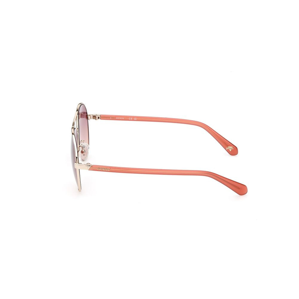 Side view of Guess Gold Metal Sunglasses with purple lenses, showcasing metal frame and temple design for unisex style.