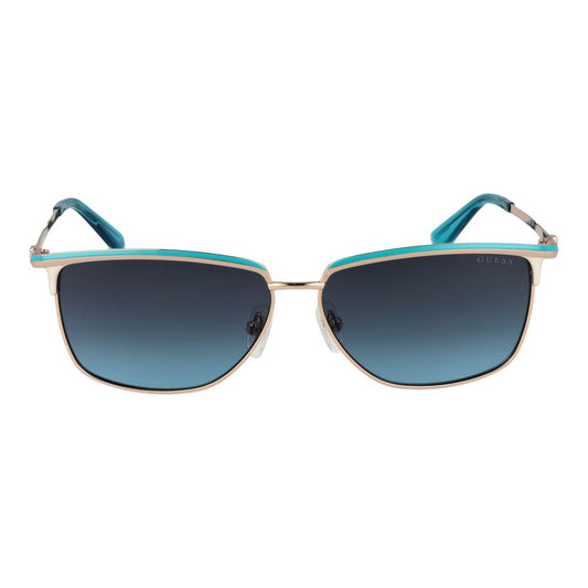 Guess Gold Women Sunglass with gold metal full-rim frame and blue gradient lenses, Rectangle style, 100% UVA & UVB protection.