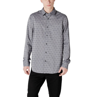Man wearing Guess Gray Cotton Pattern Shirt with jacquard design, ideal for formal or casual-chic occasions.