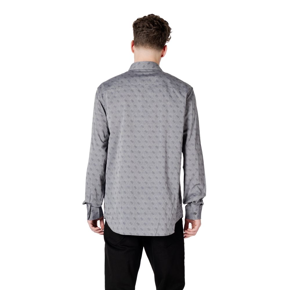 Back view of a man wearing a Guess Gray Cotton Pattern Shirt with long sleeves