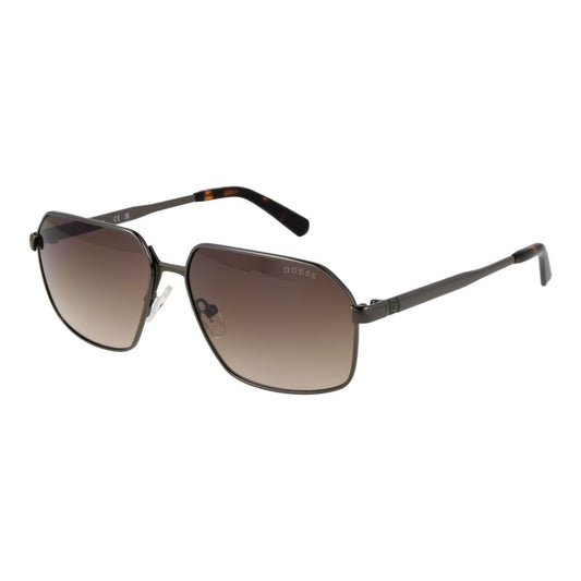 Guess Gray Men Sunglass with gunmetal frame and brown gradient lenses, full-rim metal design, includes branded case, 100% UVA/UVB protection.
