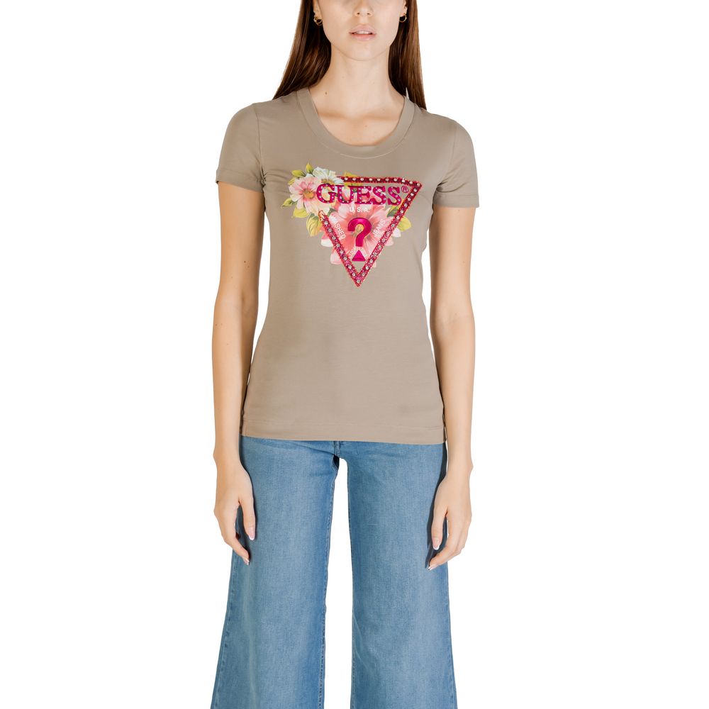 Woman wearing Guess Green Cotton T-Shirt with triangle bead design, perfect for casual occasions. Short-sleeve, 95% cotton.