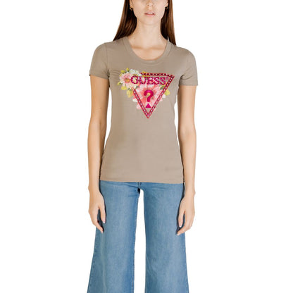 Woman wearing Guess Green Cotton T-Shirt with triangle bead design, perfect for casual occasions. Short-sleeve, 95% cotton.