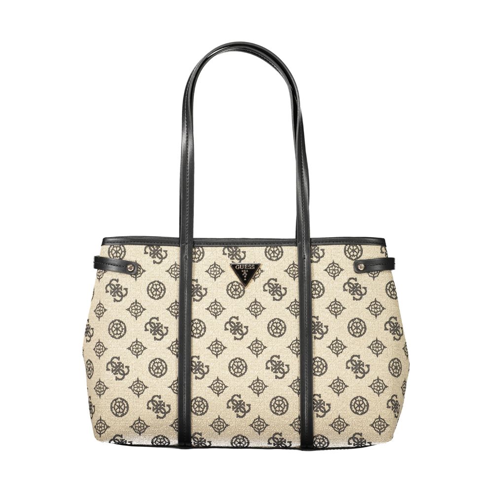 Guess Jeans Beige Cotton Women Handbag with black handles, featuring logo pattern and spacious compartments for stylish organization.