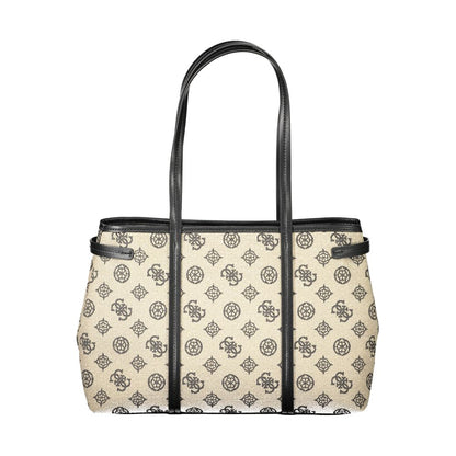 Guess Jeans Beige Cotton Women Handbag with logo pattern and black handles, designed for style and functionality.