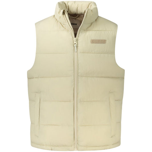 Guess Jeans Beige Polyamide Jacket - Sleeveless, water-resistant vest with zipper, logo, and multiple pockets for functionality and style.