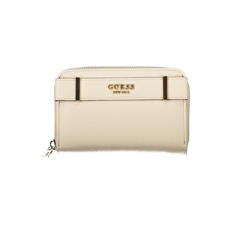 Guess Jeans Beige Polyethylene Wallet with zip closure, dual compartments, and logo design.
