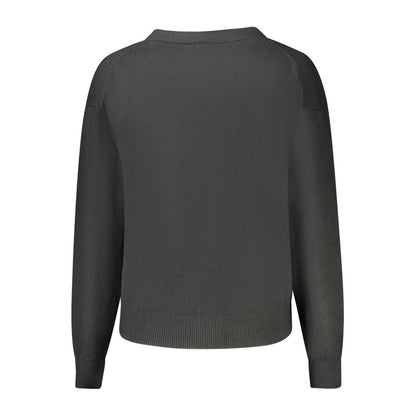 Back view of Guess Jeans Black Polyester Women Cardigan with ribbed cuffs and hem, displaying a timeless and elegant design.