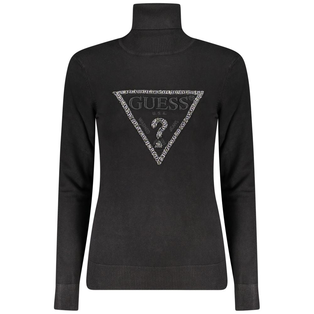 Guess Jeans Black Viscose Women Sweater with embroidered logo and rhinestones, chic turtleneck design for sophisticated style.