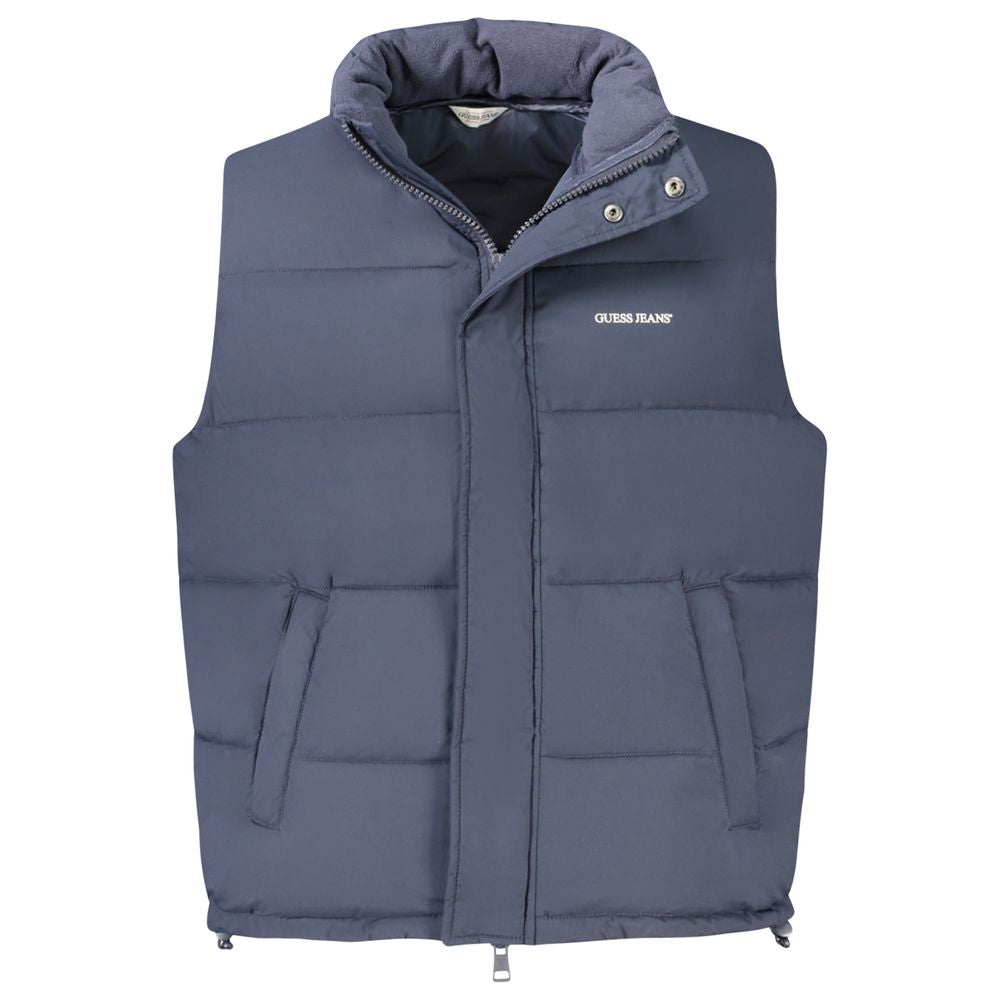 Guess Jeans Blue Polyester Jacket, sleeveless with thermal padding, buttons and zip, featuring 2 external, 4 internal pockets and logo.