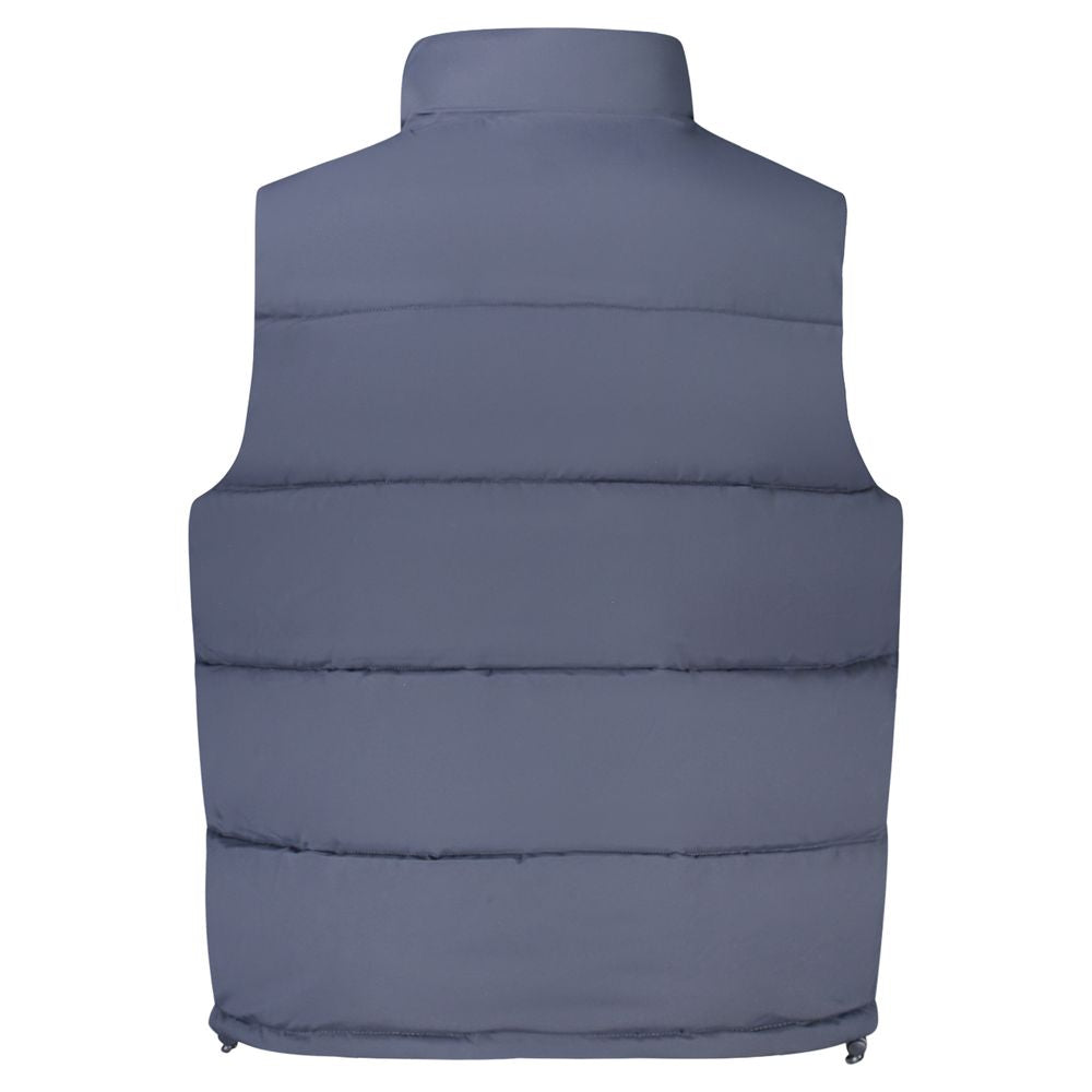 Back view of Guess Jeans Blue Polyester Jacket, sleeveless with thermal padding, featuring 2 external pockets, buttons, and zip.